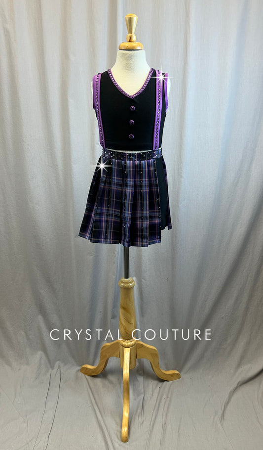 Black and Purple, plaid skirt Two piece - Rhinestones