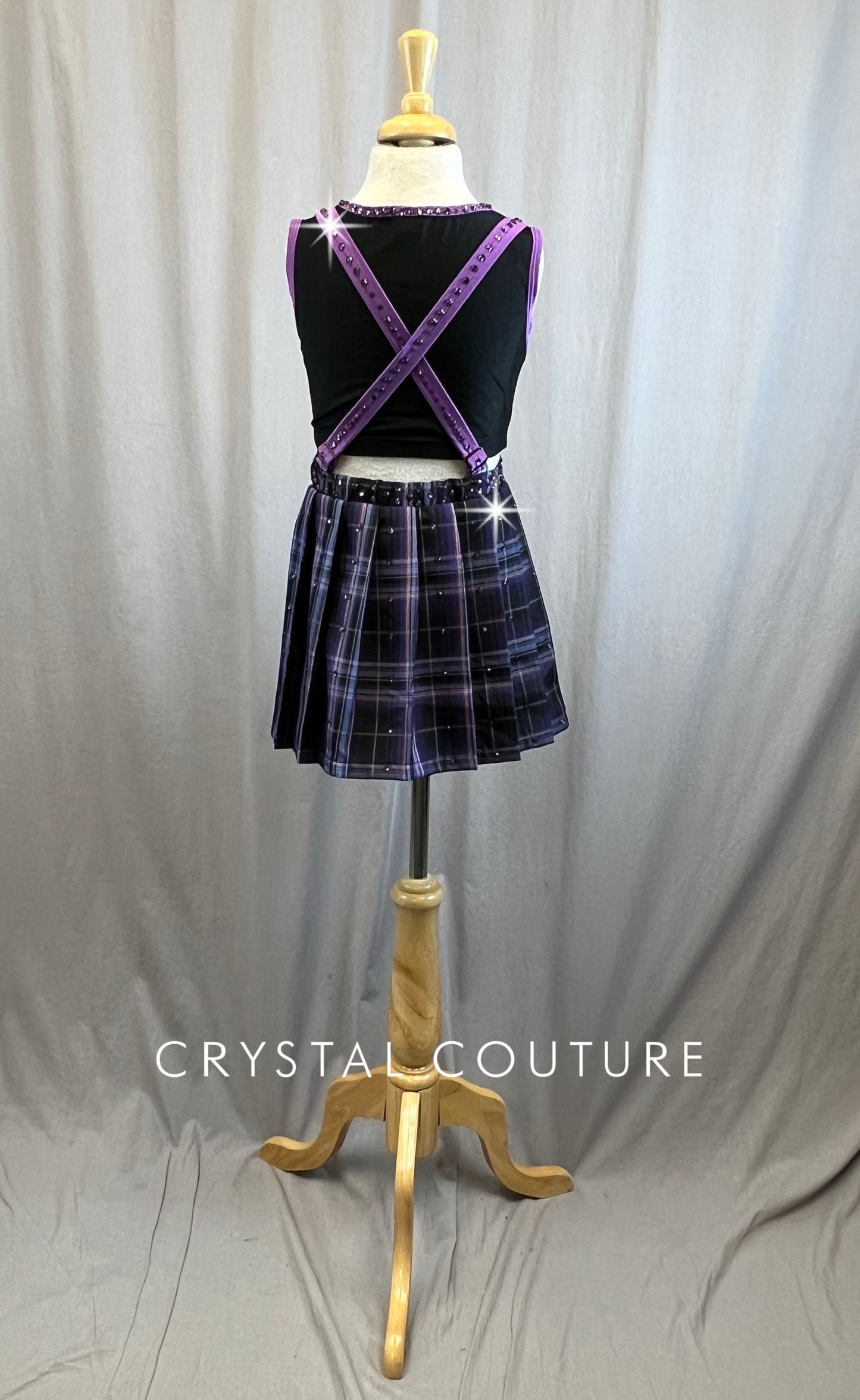 Black and Purple, plaid skirt Two piece - Rhinestones
