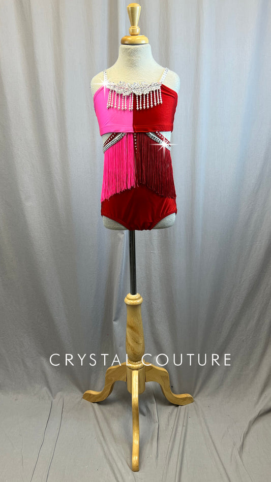 Pink and Red Leotard with fringe and pearl accents