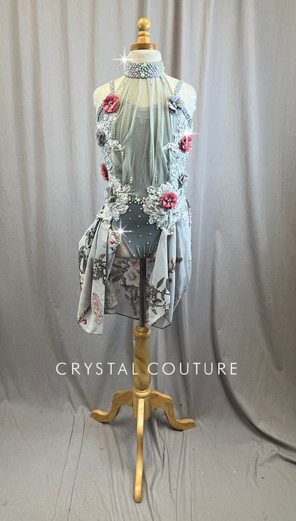 Custom Light Grey Floral Leotard with Skirt -Rhinestones, Appliques, Hairpiece