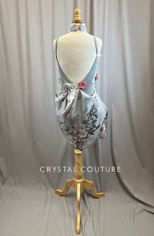 Custom Light Grey Floral Leotard with Skirt -Rhinestones, Appliques, Hairpiece