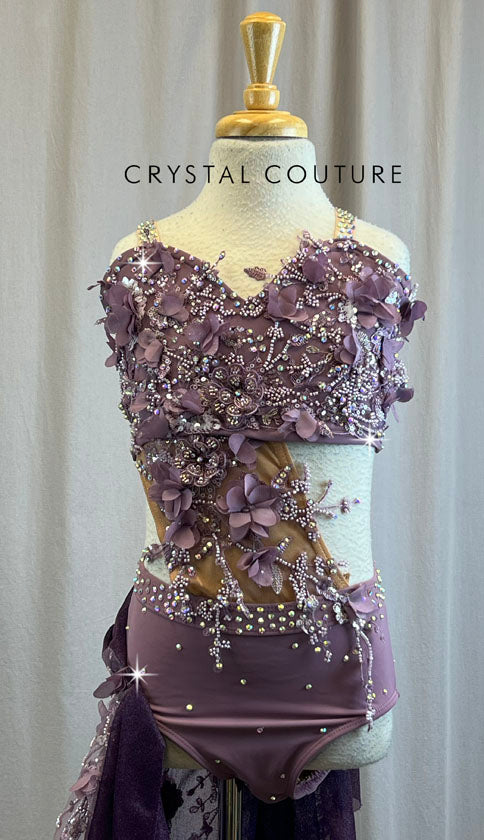 Custom Dusty Purple and Nude Cutout Leotard with Skirt -Rhinesstones, Appliques, Accessories