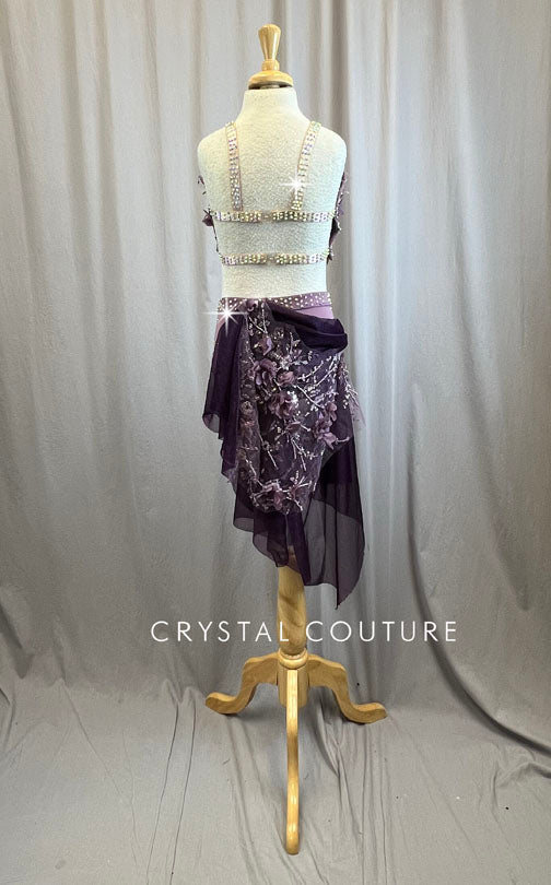 Custom Dusty Purple and Nude Cutout Leotard with Skirt -Rhinesstones, Appliques, Accessories