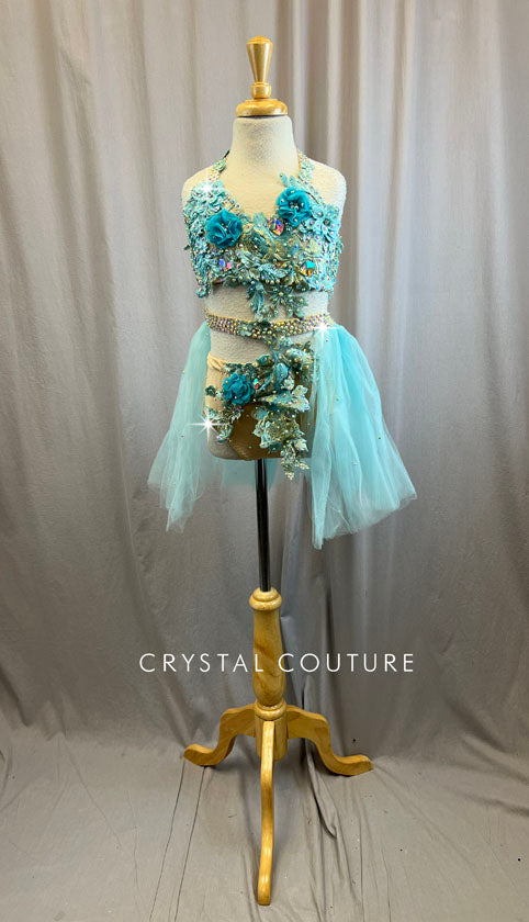 Custom Aqua and Nude Bra Top and Brief Set with Tulle Skirt -Rhinestones, Appliques, Accessories