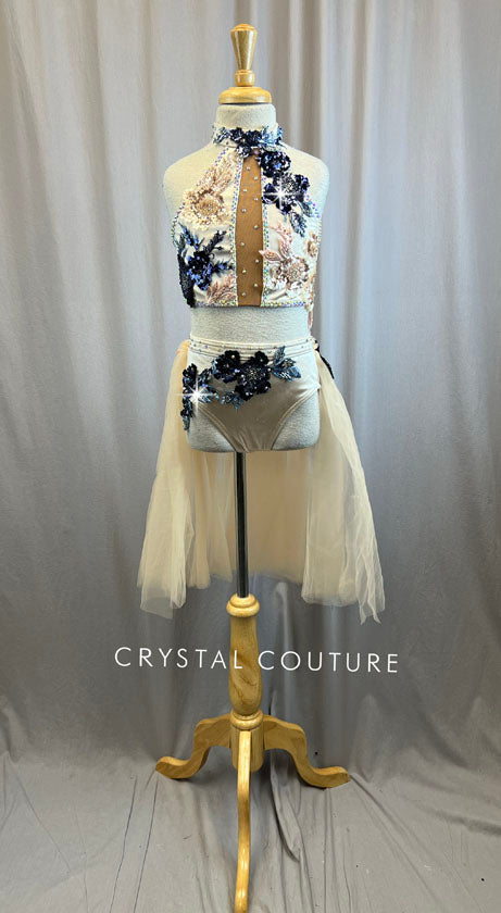 Custom Champagne and Navy Satin and Tulle Skirt Set -Rhinestones, Appliques, Hairpiece