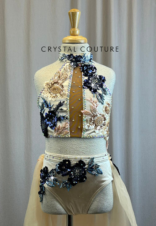 Custom Champagne and Navy Satin and Tulle Skirt Set -Rhinestones, Appliques, Hairpiece