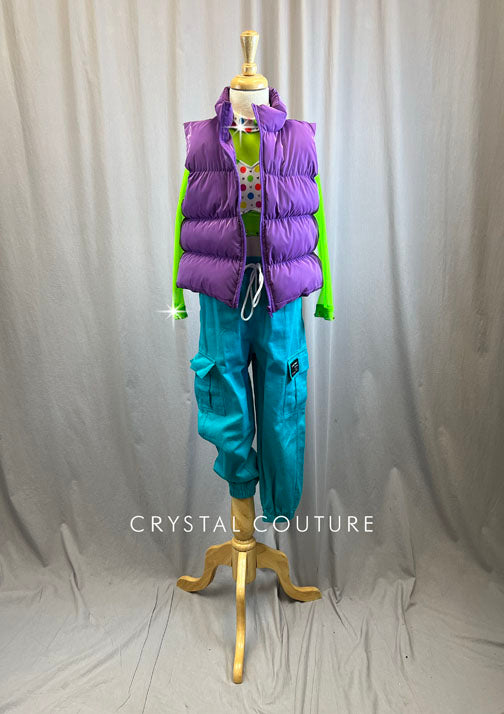 Party Hip Hop Purple Puffy Vest Lime Long Sleeve Crop and Teal Cargo Pant Set -Accessories, Rhinestones