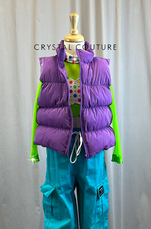 Party Hip Hop Purple Puffy Vest Lime Long Sleeve Crop and Teal Cargo Pant Set -Accessories, Rhinestones