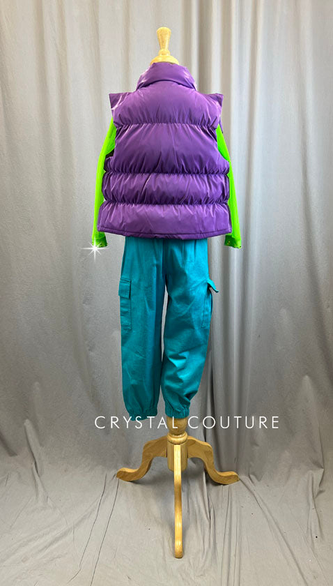 Party Hip Hop Purple Puffy Vest Lime Long Sleeve Crop and Teal Cargo Pant Set -Accessories, Rhinestones