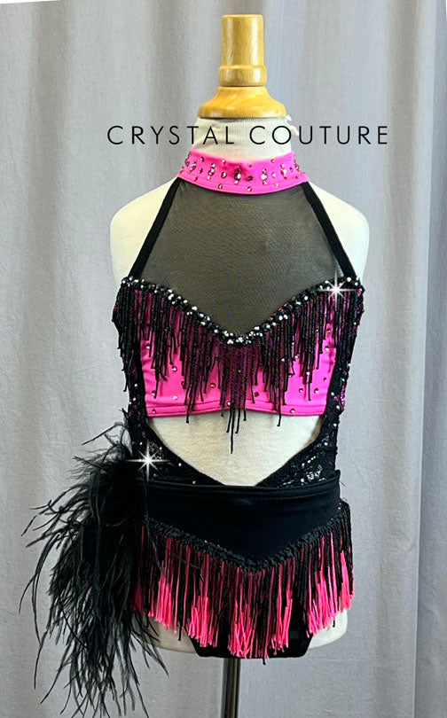 Custom Hot Pink and Black Fringe and Feather Set -Rhinestones, Accessories