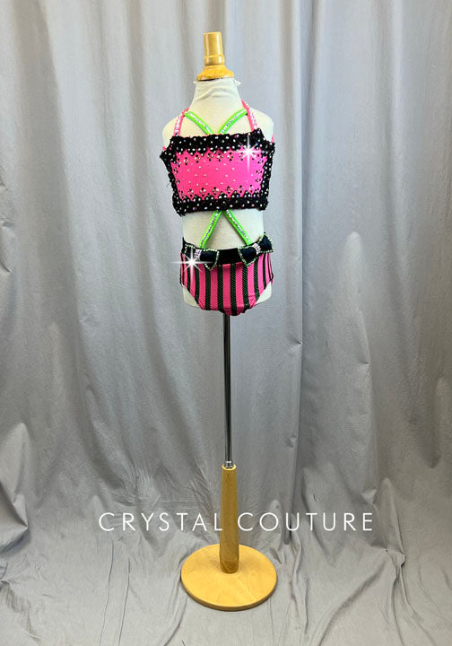 Custom Coral/Lime/Black Connected Top and Brief Set- Rhinestones, Accessories