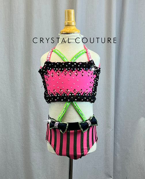 Custom Coral/Lime/Black Connected Top and Brief Set- Rhinestones, Accessories