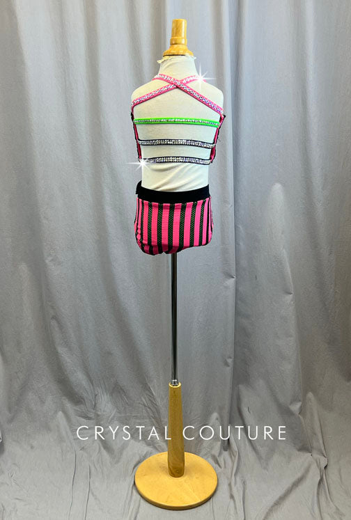 Custom Coral/Lime/Black Connected Top and Brief Set- Rhinestones, Accessories