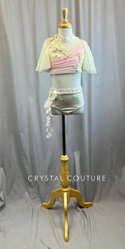 Custom Ivory and Baby Pink Flutter Sleeve Connected Top and Brief -Hairpiece, Appliques, Rhinestones