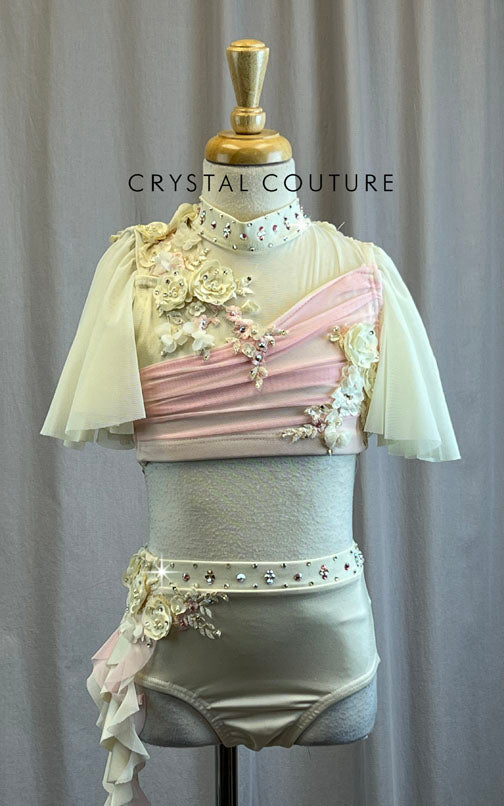 Custom Ivory and Baby Pink Flutter Sleeve Connected Top and Brief -Hairpiece, Appliques, Rhinestones