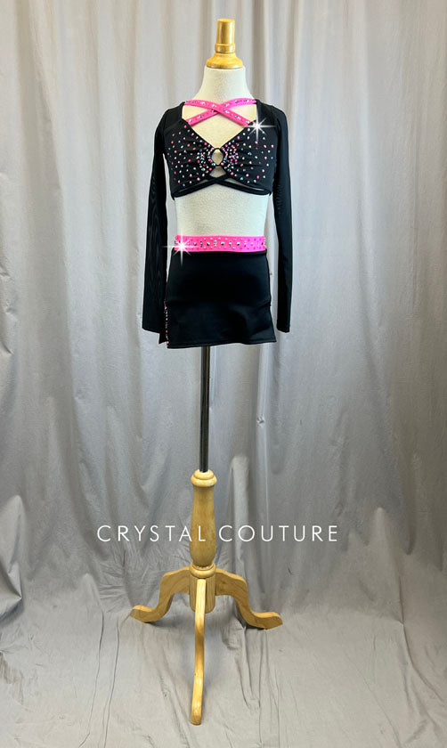 Custom Black and Neon Pink Long Sleeve Top and Skirt Set -Rhinestones, Hairpiece