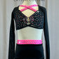 Custom Black and Neon Pink Long Sleeve Top and Skirt Set -Rhinestones, Hairpiece