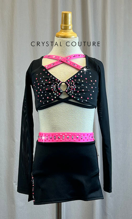 Custom Black and Neon Pink Long Sleeve Top and Skirt Set -Rhinestones, Hairpiece