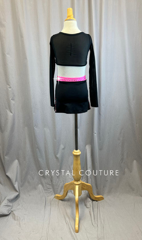 Custom Black and Neon Pink Long Sleeve Top and Skirt Set -Rhinestones, Hairpiece