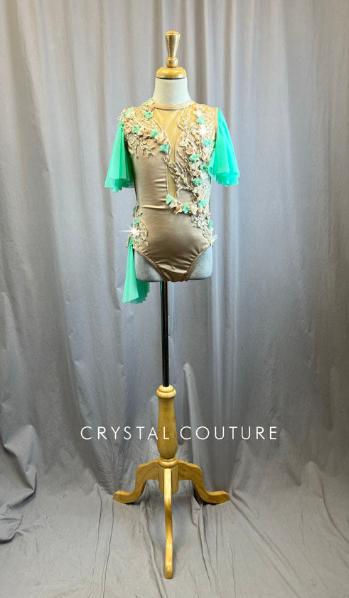 Custom Nude and Mint Flutter Sleeve Leotard -Rhinestones, Appliques, Hairpiece