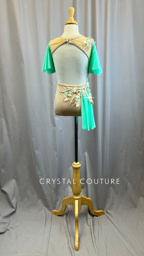 Custom Nude and Mint Flutter Sleeve Leotard -Rhinestones, Appliques, Hairpiece