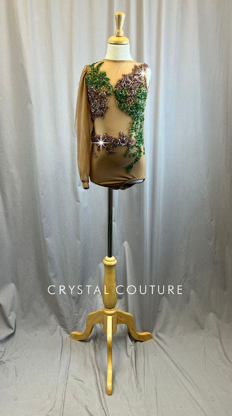 Custom Dark Nude Single Sleeve Mesh Leotard -Rhinestones, Appliques