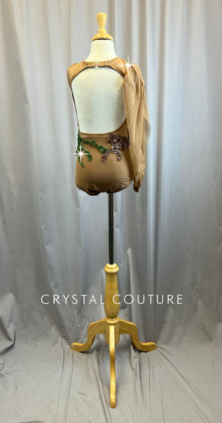Custom Dark Nude Single Sleeve Mesh Leotard -Rhinestones, Appliques