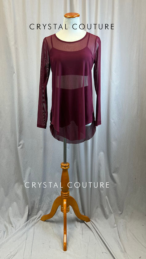 Burgundy Bra Top and Shorts with Long Sleeve Mesh Overlay Dress