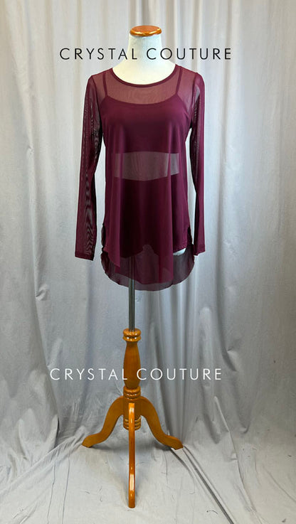 Burgundy Bra Top and Shorts with Long Sleeve Mesh Overlay Dress