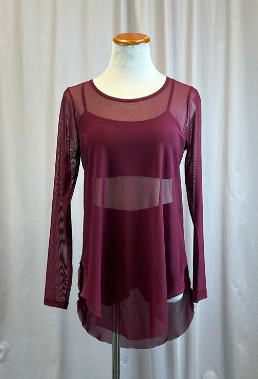 Burgundy Bra Top and Shorts with Long Sleeve Mesh Overlay Dress