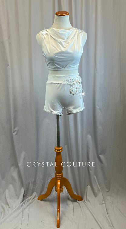 Custom White and Nude Scoop Neck Top and Shorts Bottom Set -Rhinestones, Appliques, Hairpiece