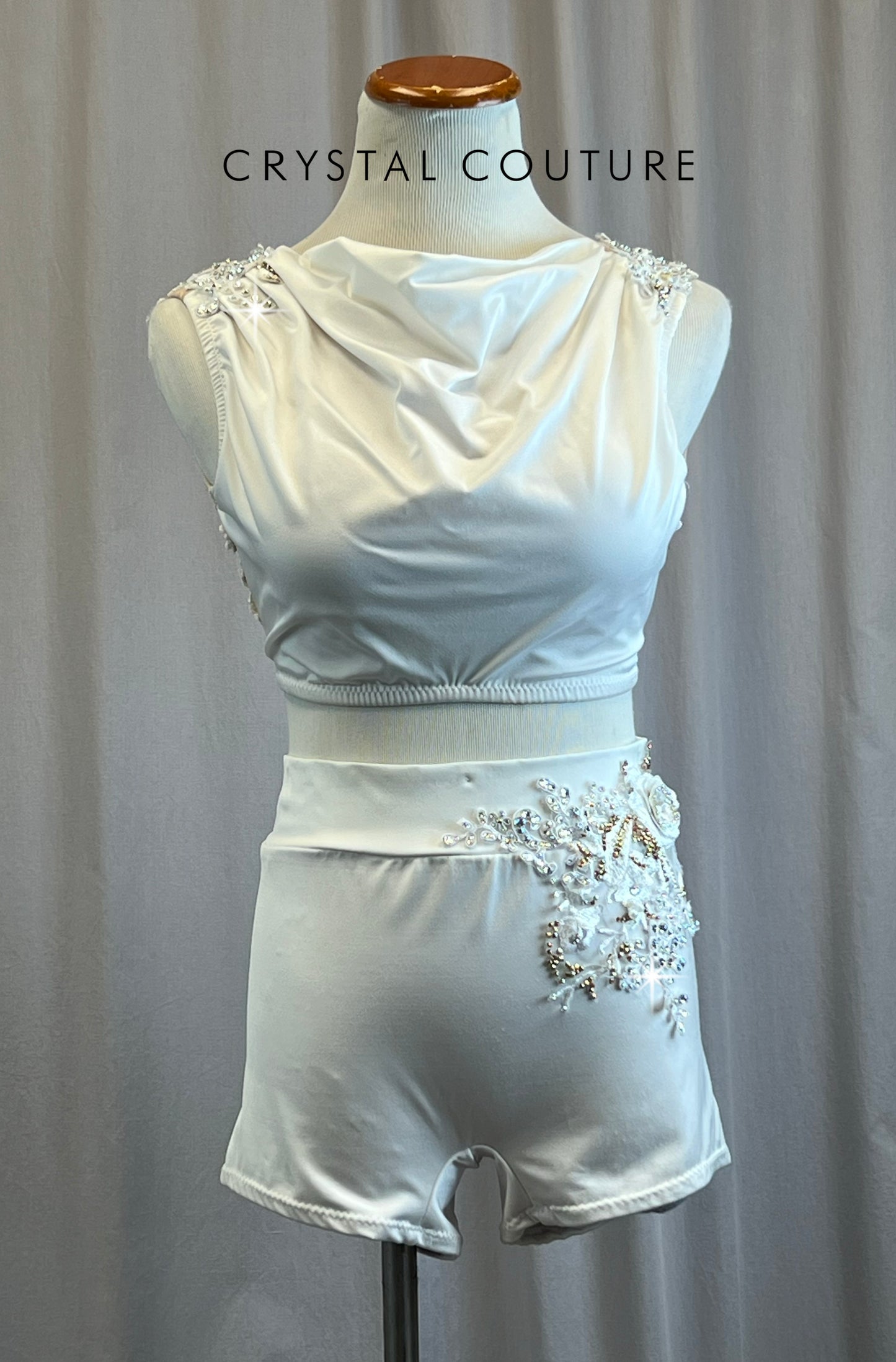 Custom White and Nude Scoop Neck Top and Shorts Bottom Set -Rhinestones, Appliques, Hairpiece