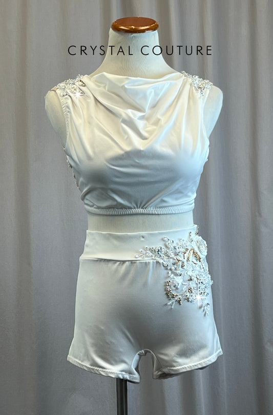 Custom White and Nude Scoop Neck Top and Shorts Bottom Set -Rhinestones, Appliques, Hairpiece