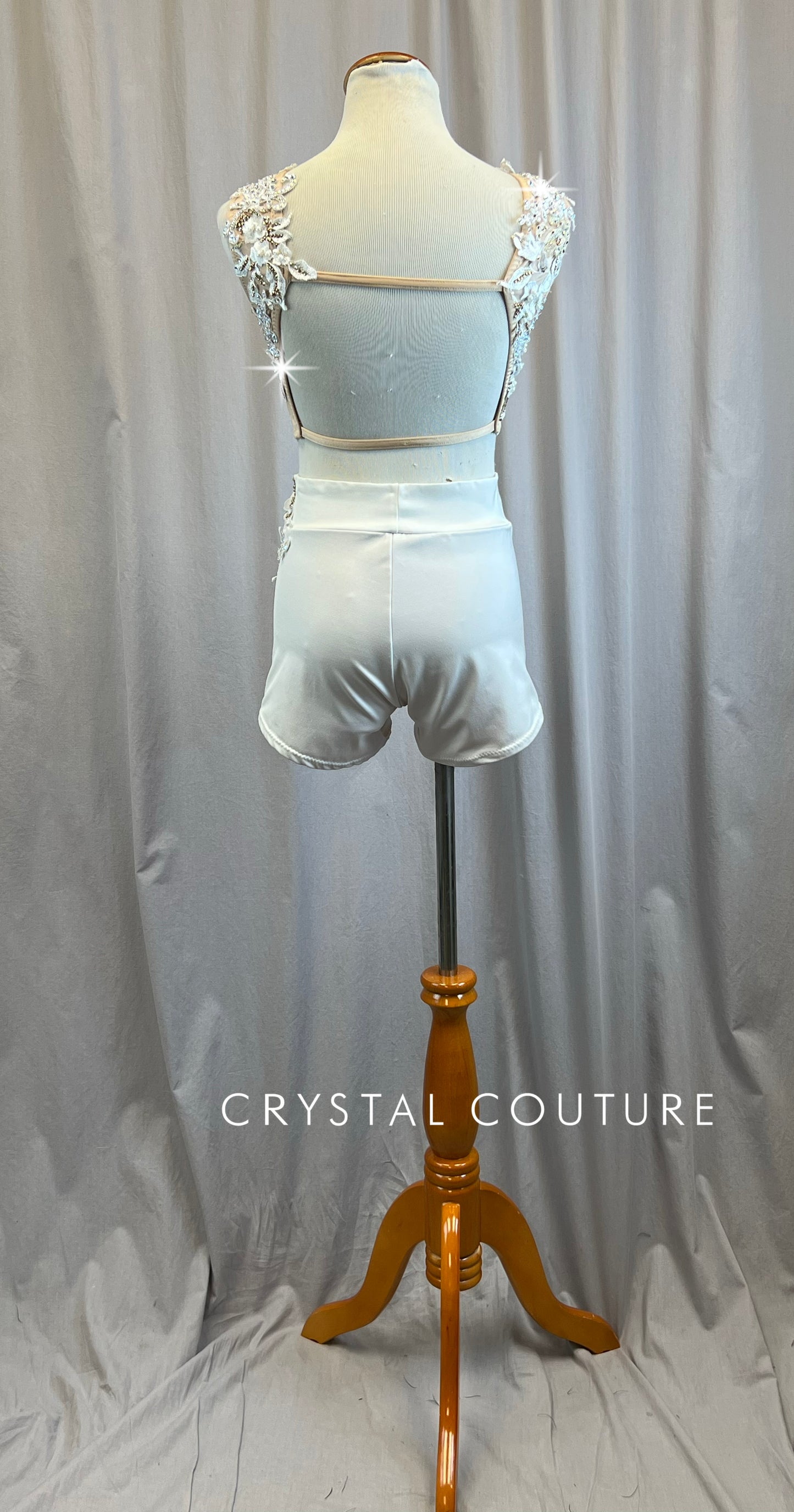 Custom White and Nude Scoop Neck Top and Shorts Bottom Set -Rhinestones, Appliques, Hairpiece