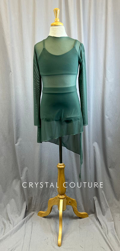 Custom Sage Green Bra Top and Brief with Diagonal Mesh Overlay Dress -Hairpiece