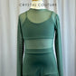 Custom Sage Green Bra Top and Brief with Diagonal Mesh Overlay Dress -Hairpiece
