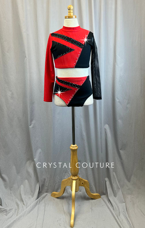 Custom Red and Black Ribbed Lycra 2 Piece Set -Rhinestones