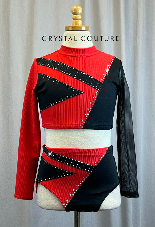 Custom Red and Black Ribbed Lycra 2 Piece Set -Rhinestones