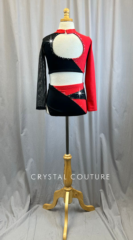 Custom Red and Black Ribbed Lycra 2 Piece Set -Rhinestones