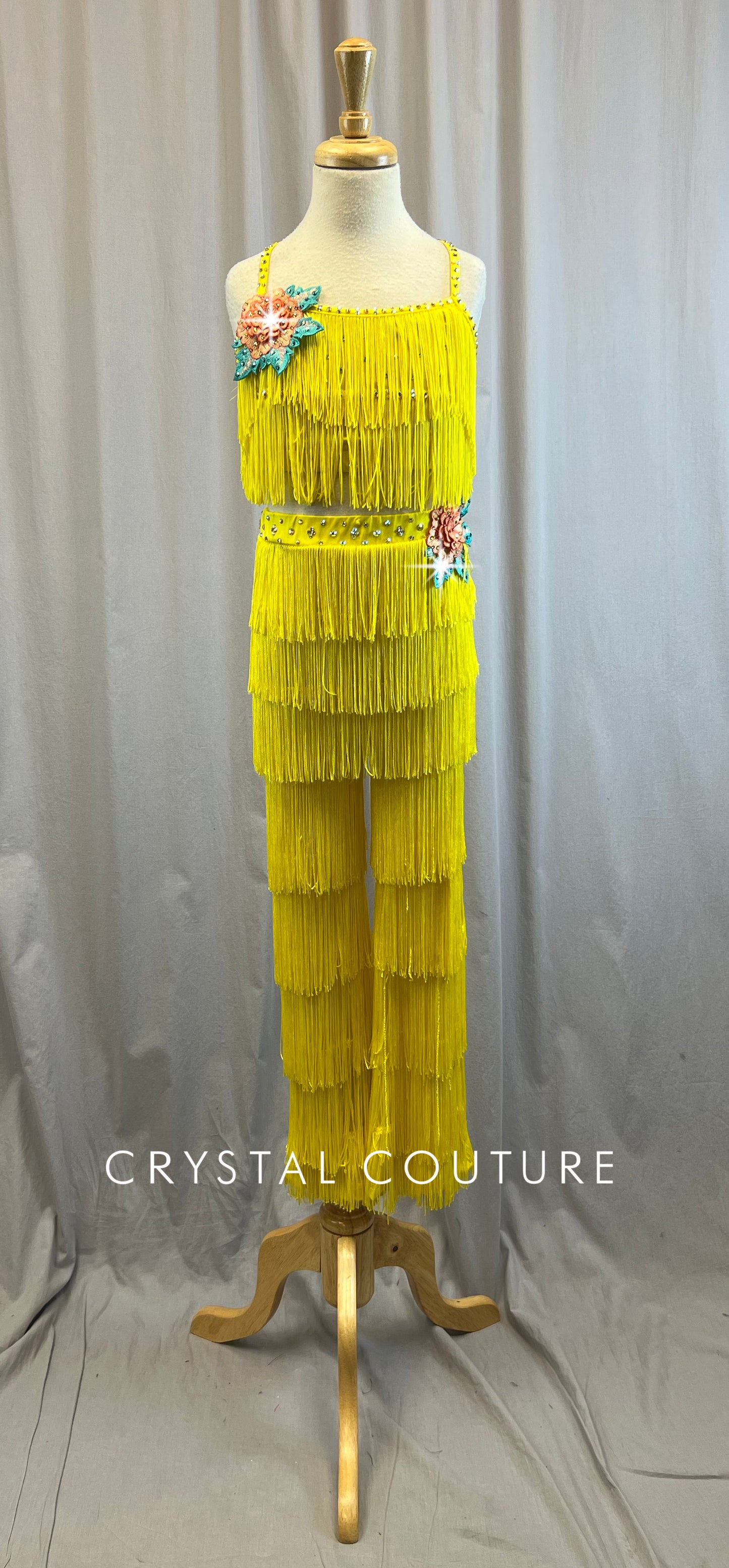 Yellow Fringe Bra Top and Pants Set -Rhinestones, Appliques, Hairpiece