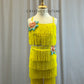 Yellow Fringe Bra Top and Pants Set -Rhinestones, Appliques, Hairpiece