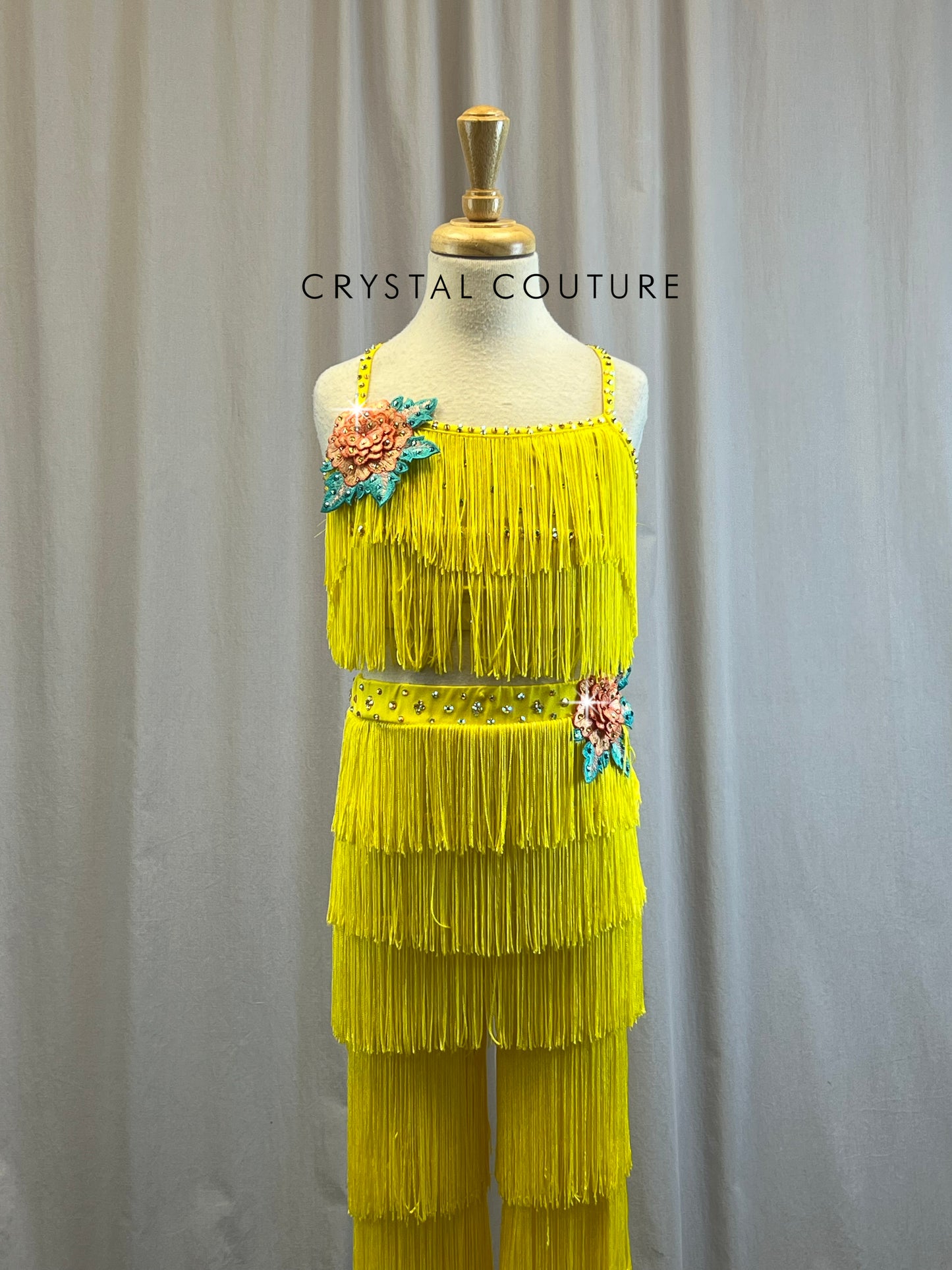 Yellow Fringe Bra Top and Pants Set -Rhinestones, Appliques, Hairpiece