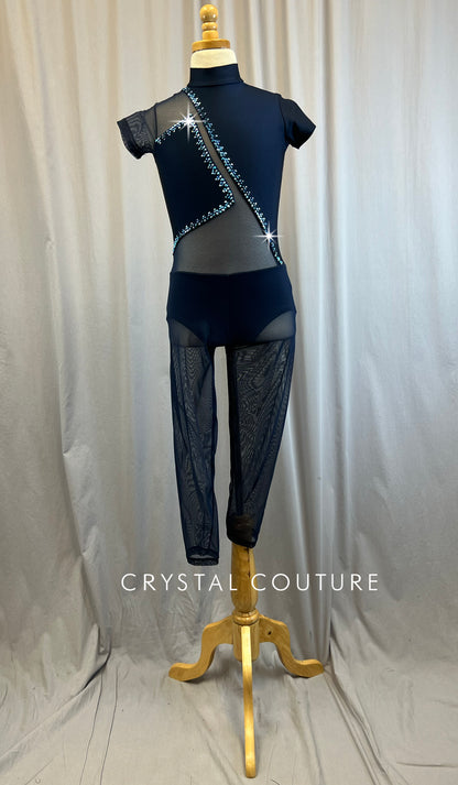 Navy Mesh Cutout Cap Sleeve Unitard -Rhinestones, Hairpiece