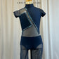 Navy Mesh Cutout Cap Sleeve Unitard -Rhinestones, Hairpiece
