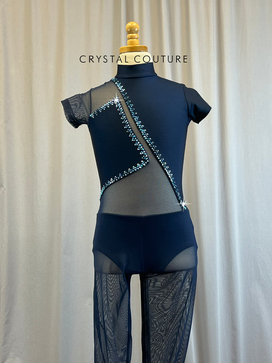 Navy Mesh Cutout Cap Sleeve Unitard -Rhinestones, Hairpiece