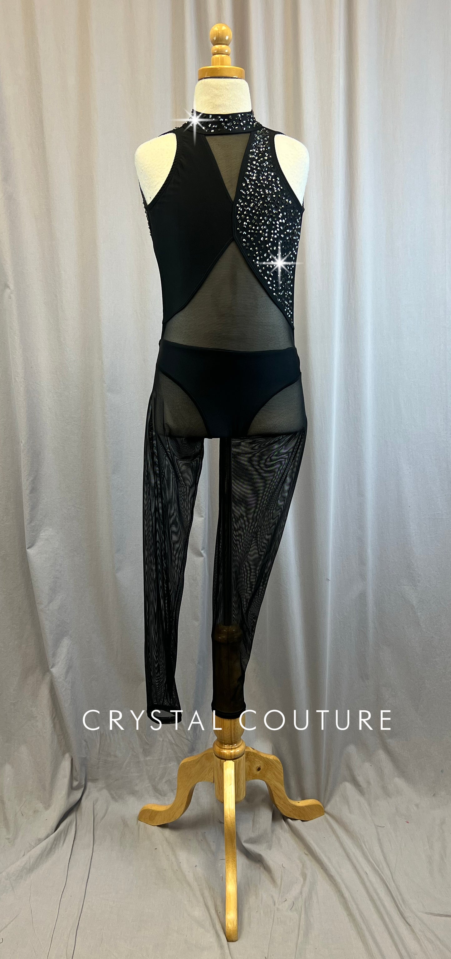 Black Mesh Cut Out Unitard -Rhinestones, Hairpiece