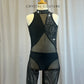 Black Mesh Cut Out Unitard -Rhinestones, Hairpiece
