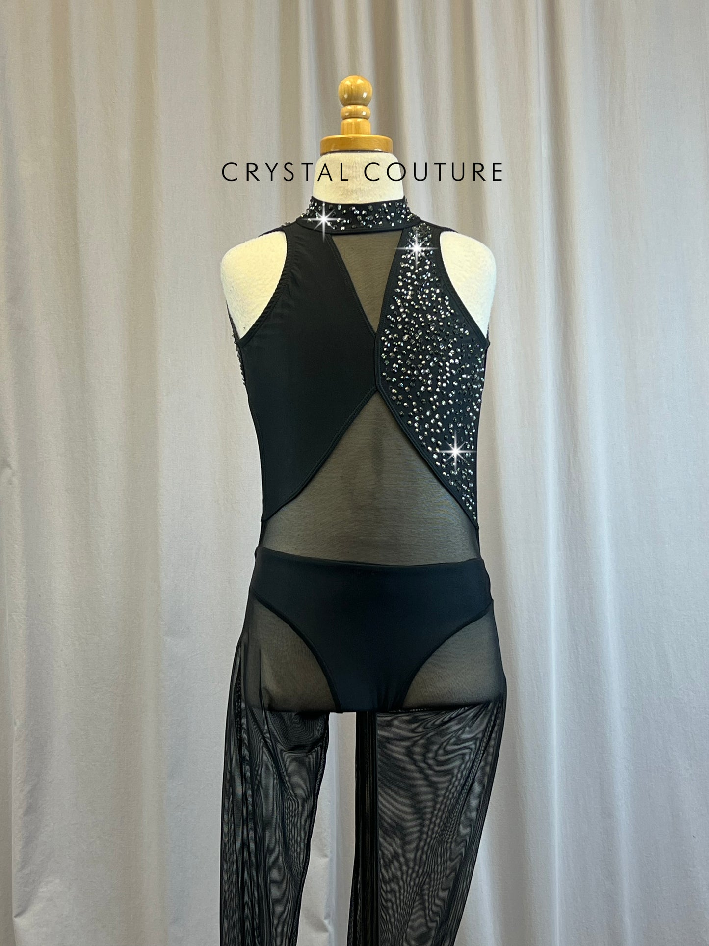 Black Mesh Cut Out Unitard -Rhinestones, Hairpiece