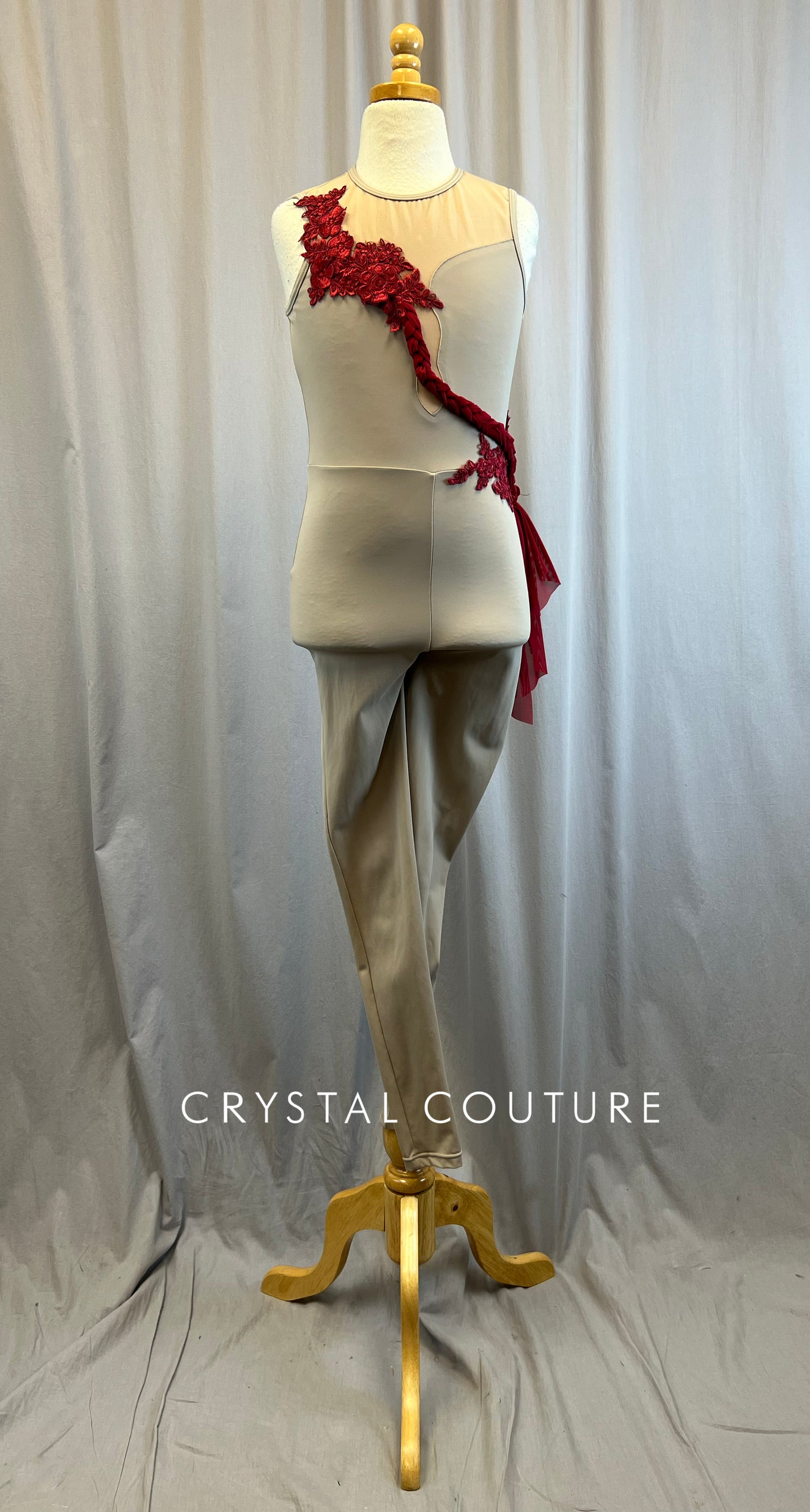 Taupe Unitard with Red Trim -Appliques, Hairpiece