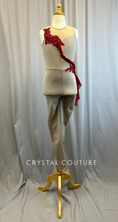 Taupe Unitard with Red Trim -Appliques, Hairpiece